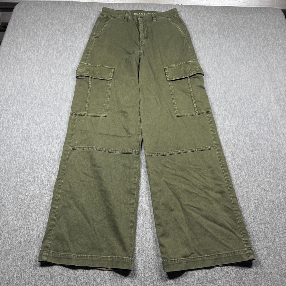 American Eagle Cargo Pants Womens 2 Olive Green Baggy Wide Leg Stretch Y2K Twill